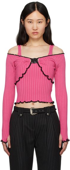 Rib knit stretch viscose off-the-shoulder sweater. Lettuce edges throughout. · Layered construction · Square neck · Cutout at shoulders · Logo hardware at chest Supplier color: Hot pink Coquette Clothing, Versace Pink, Versace Jeans Couture, Versace Jeans, Shoulder Sweater, Knitwear Women, Lettuce, Fashion Ideas, Square Neck