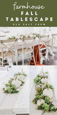 the table is decorated with white pumpkins and greenery