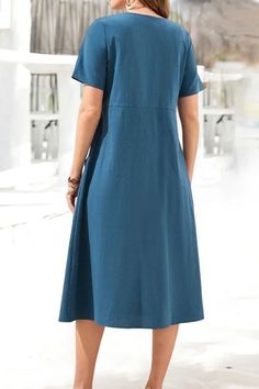 Casual College Solid Pocket Buckle V Neck Short Sleeve Dress Dresses Loose Clothing, Bodycon Dresses Casual, Dress Sleeve Styles, Linen Style, Loose Outfit, Sleeve Dresses, Daily Dress, Crop Top Blouse, Short Sleeve Dress