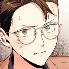 a close up of a person wearing glasses with green eyes and an anime background behind him