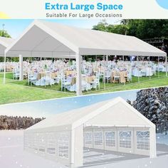 a large tent with tables and chairs set up for an outdoor wedding or party in the snow