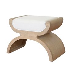 a wooden foot stool with a white cushion on the top and bottom, sitting in front of a white background