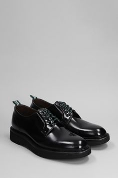 Lace up shoes in black leather, almond toe, laces, pull tab on backside, brushed leather, rubber outsole, 100% leather, Made in Italy George Green, Barbour Steve Mcqueen, Top Designer Brands, Up Shoes, High End Fashion, Pull Tab, Online Bags, Lace Up Shoes, Loafer Shoes