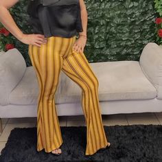 Womens Dressy Wide Leg Pants Striped Yellow Stretchy Women's Pants Stretchy Elastic On Waist Comfortable Dressy Party O Work Measures: On Size Small 42 In Long Front Waist To Down 33 In Inseam 24 In Around Waist 10 In High Rise Front 13 In High Rise Back 36 In Around Hips 16 3/4 In Open Leg Dressy Pants, Forever 21 Pants, Women's Pants, Jumpsuits For Women, Leg Pants, Wide Leg Pants, Pant Jumpsuit, Forever 21, Wide Leg