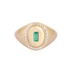 14K Round Signet Pinky Ring With Emerald Baguette Center -14K Yellow Gold -14K Solid Gold -G-H Color, SI1 Diamonds -18mm x 11.5mm -NO HALFE SIZES WILL BE AVAILABLE -Each item comes beautifully in our signature bow jewelry box -Made with love in NYC♡ Heirloom Emerald Oval Signet Ring, Oval Yellow Gold Ring With Baguette Diamonds, 14k Gold Baguette Cut Signet Ring, Fine Jewelry 14k Gold Baguette Cut Signet Ring, Oval Rings With Baguette Diamonds In 14k Gold, Oval 14k Gold Rings With Baguette Diamonds, Oval Gold Rings With Baguette Diamonds, Oval Signet Ring With Diamond Accents, Oval Diamond Signet Ring In Fine Jewelry Style