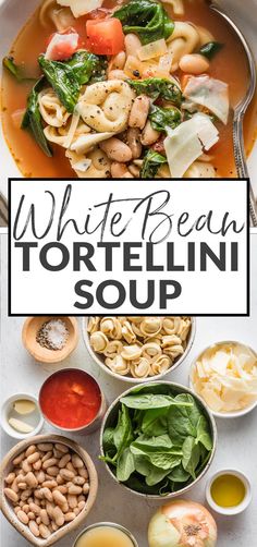 white bean tortellini soup with spinach, tomatoes and other ingredients in bowls