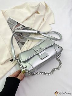 BirdinBag - Adjustable Shoulder Strap Metallic Glossy Avant-garde Underarm Bag Trendy Rectangular Baguette Bag With Silver-tone Hardware, Trendy Pouch Bag With Silver-tone Hardware, Trendy Handheld Shoulder Bag With Silver-tone Hardware, Trendy Silver Bags With Detachable Strap, Trendy Silver Bag With Detachable Strap, Trendy Silver Handheld Box Bag, Rectangular Clutch With Silver-tone Hardware For Daily Use, Trendy Silver Handheld Shoulder Bag, Silver Bags With Removable Pouch For Errands