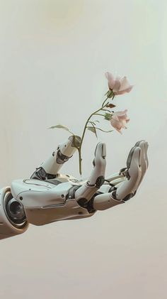 robot hand holding flowers, artificial intelligence and nature, technology and environment, robotic arm with plants, futuristic concept with robotics and flora, AI and botanical interaction. 

robotic hand, flowers, pink blossoms, technology, nature, futuristic, artificial intelligence, robotics, environment, machine, petals, botany, alloy, cybernetic, harmony, interaction. Nature Robot Art, Robot Hand Concept Art, Nature And Technology Art, Artificial Intelligent Art, Robot Hand Art, Futuristic Robot Concept Art, Robotic Aesthetic, Robots Aesthetic, Robotics Aesthetic