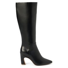 Vegan pointed toe knee high boot on sculpted heel. $99.95 Knee-high Boots With Sculpted Heel, Sleek Knee-high Boots With Stacked Heel, Wide Calf High Shaft Heeled Boots With Reinforced Heel, Sleek Wide Calf Heeled Boots With High Shaft, Tall Boots With Stacked Heel And Pointed Toe, Sleek Knee-high Heeled Boots With Stacked Heel, Sleek Wide Calf High Shaft Knee-high Boots, Fitted Knee-high Boots With Sculpted Heel For Fall, Wide Calf High Shaft Boots For Office