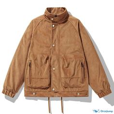 OrcaJump - Vintage-style Fall Baseball Jacket: Loose-fit Casual Coat for Youthful Appeal Casual Outerwear With Side Pockets And Stand Collar, Fall Brown Windbreaker With Pockets, Brown Fall Windbreaker With Pockets, Casual Solid Utility Jacket With Stand Collar, Casual Winter Utility Jacket With Stand Collar, Casual Utility Jacket With Stand Collar, Casual Outerwear With Multiple Pockets And Stand Collar, Utility Jacket With Stand Collar For Fall, Casual Utility Jacket With Stand Collar And Side Pockets