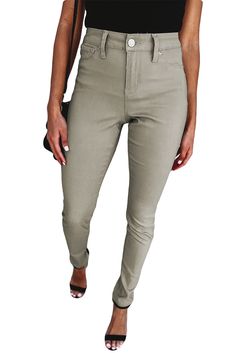 Khaki Casual Stretch High Waist Skinny Pants Khaki Slim Fit High Waist Pants, Fitted High Waist Khaki Pants, Khaki High Rise Stretch Pants, High Waist Khaki Bottoms For Fall, High Rise Stretch Khaki Pants, Khaki Stretch Mid-rise Bottoms, Khaki High Waist Stretch Jeans, Fitted Khaki High-waisted Pants, Khaki Full Length Jeans For Spring