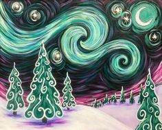 a painting of christmas trees in the snow with stars and swirls coming out of them