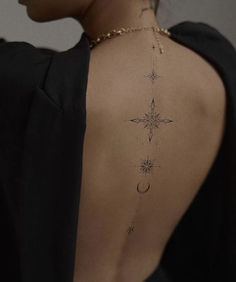 the back of a woman's neck with a star and moon tattoo on it