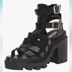 Steve Madden Womens Cosmic Faux Leather Ankle Strap Gladiator Sandals Brand New/Never Worn Sizing Is Usually Limited Or Sold Old Online Punk Style Synthetic Heels For Spring, Spring Punk Synthetic Heels, Edgy Faux Leather Heels With Stacked Heel, Edgy Synthetic Sandals With Ankle Strap, Edgy Ankle Strap Synthetic Sandals, Edgy Leather Heels With Buckle Closure, Faux Leather Block Heel Sandals For Fall, Edgy Spring Sandals With Buckle Closure, Edgy Open Toe Faux Leather Heels