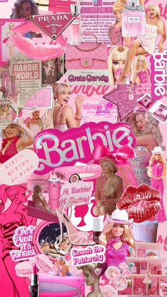 a collage of barbies and other items in pink, with the word barbie on it