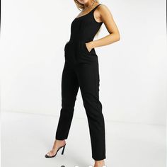 Asos Design Hourglass Denim Square Neck Fitted Jumpsuit In Washed Black Size 12. Please View Pictures And Approximate Measurements Length 55.5" And Ptp 19", Waist 16.5, Inseam See Picture. Stg Trendy Black Sleeveless Denim Jumpsuit, Black High-rise Fitted Denim Jumpsuit, Black High Rise Fitted Denim Jumpsuit, Chic Black Denim Jumpsuit With Pockets, Chic Fitted Overalls For Night Out, Fitted Chic Overalls For Night Out, Chic High Waist Overalls For Work, Chic Black Denim Overall Jumpsuit, Trendy Black Overalls For Workwear