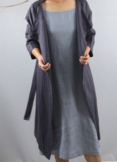 "A super versatile and multifactional open front knee length cardigan/jacket to keep you warm and chic. 100% linen construction, loose and stylish, comfy and easy to throw on with any outfit. A timeless piece made for many kinds of weather and occasions. - 100% Medium weight linen - Open front with removable belt - Knee length - Two side welt pockets - 3/4 sleeves - Color in listing: Mustard Yellow, Charcoal Gray Please provide your shoulder width, full bust measurement ( measured around the ful Linen Jackets Women, Womens Spring Coat, Knee Length Cardigan, Linen Coat, Cardigan Oversized, Linen Cardigan, Cotton Slip, Spring Coat, Maxi Slip Dress