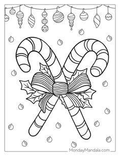 christmas candy canes with ornaments and baubles on the background coloring page for kids