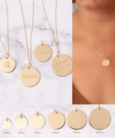 "Gold Disc Necklace, Gold Disc Pendant, Initial Disc, Stacking Necklace, Personalized Disc, Engraved Disc, Disc Charm, Round Disc, Custom Disc, Custom Name Necklace, Zodiac Sign Necklace, Custom Handwriting, Letter Disc Material: Real solid gold (no plating, no gold filled etc) Gold karat: 14K Gold color options: Yellow, rose, white Disc diameter options: 9 mm, 10 mm, 12 mm, 14 mm, 16 mm Average Disc thickness: 0.40 mm (0.35 - 0.45 mm) NECKLACE LENGTH Please be sure about the necklace length. Ke Cheap Personalized Oval Pendant Necklace, Customizable Yellow Gold Round Pendant Jewelry, Customizable Yellow Gold Round Pendant, Customizable Gold Necklace With Round Pendant, Customizable Gold Pendant Necklace, 14k Gold Stamped Round Disc Jewelry, Sterling Silver Nameplate Jewelry With Initials, Customizable Yellow Gold Round Pendant Necklace, Sterling Silver Initials Medallion Jewelry