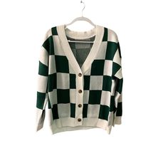 Women's L Cardigan Sweater White/Green Checkered Dropped Shoulder Button-Detail. Color: White/Green Type: Cardigan Sweater In Excellent Condition. Please See The Photos. Fast Shipping And Clean Environment, Please Let Us Know Of Any Additional Questions. Thank You!" White Preppy Cardigan For Winter, White Preppy Cardigan For Fall, Preppy White Cardigan For Fall, Preppy White Winter Cardigan, White Fall Cardigan With Button Closure, White Cardigan With Button Closure For Fall, Trendy White Cardigan For Work, White Long Sleeve Preppy Cardigan, White Button-down Sweater For Work