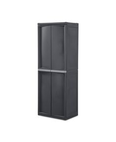 a tall black cabinet with two doors on the front and one door open to reveal an empty