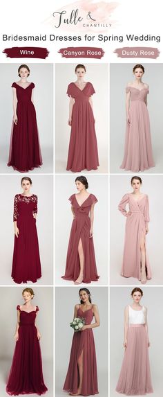 the bridesmaid dresses for spring wedding are in different colors and styles, including wine