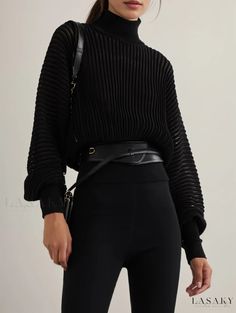 Lasaky - Stylish Casual Knit Sweater with Turtleneck, Solid Color Lantern Sleeves, Loose Fit and High Waist Short Sleeve Denim Dress, Woolen Tops, Loose Turtleneck, Fashion Runway Show, Casual Turtleneck, Black F, Brown Outfit, Womens Turtleneck, Knit Turtleneck Sweater