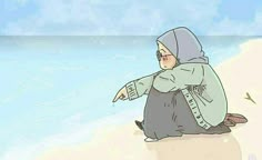 a cartoon character sitting on the beach pointing at something in the sky above her head