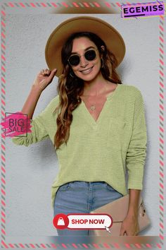 Split Short Front and Long Back Casual V-neck Long Sleeve Knitted Sweater Woman Green V-neck Sweater For Fall, Casual Green V-neck Knit Top, Green Knit V-neck Sweater, Casual Soft Knit V-neck Sweater For Spring, Chic Waffle Knit V-neck Top, Green V-neck Sweater For Spring, Solid Color Knit Top With V-neck, Trendy Waffle Knit Top For Winter, Solid Color Knit V-neck Top