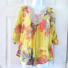 Spense Crochet Neck Yellow Floral Blouse. An Eye-Catching Crocheted Neckline Revamps This Floral Blouse By Spense With A Dazzling Finish. New With Tag Size S/P (Run More Big) Excellent Condition Pet/Smoke Free Home Fast Shipping Yellow Flowy Casual Blouse, Casual Flowy Yellow Blouse, Flowy Yellow Casual Blouse, Mustard Floral Print Vacation Tops, Yellow Floral Print Beach Top, Yellow Floral Print Blouse For Vacation, Yellow Long Sleeve Summer Blouse, Yellow Flowy Summer Blouse, Yellow Floral Print Blouse For Day Out