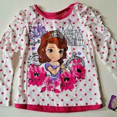 Disney Sofia The First Long Sleeve Top Sizes 4, 5 ,6 Disney Long Sleeve Top With Cartoon Print, Pink Long Sleeve Disney Top, Pink Long Sleeve Disney T-shirt, Disney Cotton Tops For Playwear, Disney White Tops With Character Print, White Disney Long Sleeve T-shirt, White Long Sleeve Disney T-shirt, Sofia The First, Disney Shirts