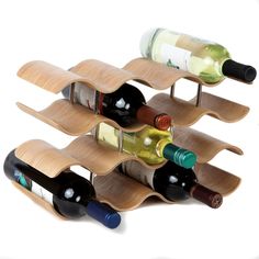 the wine rack is made from wood and has six bottles on each side, all in different shapes and sizes