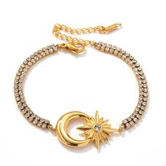 Experience the Midas touch with our Celestial Deluxe Tennis Bracelet. Made with only the finest materials, this bracelet will elevate any outfit to the next level. Its intricate design and luxurious feel will make you feel like a true star, shining and standing out from the rest. Material: Stainless Steel, gold plate, Adjustable Gold Celestial Charm Bracelet, Gold Metal Bracelet With Star Charm, Celestial Metal Bracelet For Gift, Gold Metal Bracelets With Star Charm, Metal Star-shaped Bracelets, Celestial Bracelet With Star Charm, Adjustable Celestial Jewelry For Parties, Elegant Adjustable Chain Bracelet With Star Charm, Elegant Adjustable Charm Bracelet With Star Charm