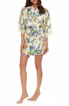 Silky-soft satin refines the flowy silhouette of these floral pajamas pairing a lace-trimmed camisole with coordinating shorts and a matching robe. 18" top center front length; 1 1/2" inseam; 26" leg opening; 11 1/2" front rise; 13" back rise; 35" robe length (size Medium) Includes two-piece short pajamas and short robe Top has V-neck; adjustable straps Bottoms have elastic waist Robe has three-quarter sleeves; removable tie belt 100% polyester Hand wash, dry flat Imported Elegant Floral Print V-neck Sleepwear, Spring Satin V-neck Robe, Spring Nightgown With Delicate Lace For Loungewear, Spring Delicate Lace Nightgown For Loungewear, Floral Print Satin Sleepwear For Loungewear, Silk Summer Nightgown, Feminine Floral Print Robe For Loungewear, Spring Lace Trim Nightgown For Loungewear, Elegant Lace Trim Sleepwear For Vacation