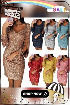 V-neck Shiny Fringed Long-sleeved Slim-fit Hip Dress Long Sleeve Shiny Bodycon Party Dresses Elegant Club Dress Glamorous V-neck Bodycon Dress For Dinner, V-neck Bodycon Mini Dress For Dinner, Glamorous Long Sleeve V-neck Party Dress, Knee-length Bodycon Dress For Fall Party, Stretch V-neck Dresses For Party Season, Stretch V-neck Dress For Dinner, Stretch V-neck Sequin Bodycon Dress, Sheath Bodycon Dress For Holiday, Holiday Bodycon Sheath Dress