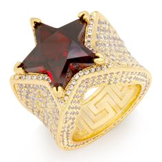 Ruby Star Ring  in  Gold Plated / 14K Gold / 7 by King Ice Hip Hop Rings, Jewelry King, Vvs Diamond, Greek Key Pattern, White Stones, Star Ruby, Star Ring, Hip Hop Jewelry, Red Star