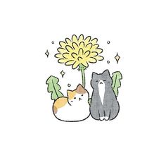 two cats sitting next to each other near a flower