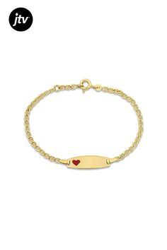 This charming Children's 14K Yellow Gold Red Enamel Heart Charm ID Link Bracelet is a delightful addition to any young girl's jewelry collection. Crafted from high-quality 14K yellow gold, it features a series of polished links for durability and comfort. The centerpiece is a vivid red enamel heart charm, adding a playful and vibrant touch to the bracelet. With a 5-inch length and a 0.5-inch extender, it ensures a secure fit while allowing for growth, making it a perfect gift for birthdays or sp Girls Jewelry, Heart Charm, Link Bracelets, Red Gold, Jewelry Collection, Birthday Gifts, Yellow Gold, Perfect Gift, Bracelet