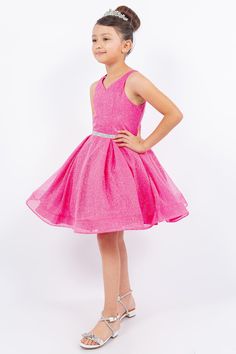 Your sweet girl will be the center of attention in this short glitter V-neck dress with A-line skirt by Cinderella Couture 8047. This short party dress features a sleeveless V-neck bodice, an open V-back with a zipper closure, and a short A-line box pleated skirt. For matching adult sizes, please search for 8047J. Girls Short Glitter V-Neck Dress by Cinderella Couture 8047 Designer: Cinderella Couture Fabric: Glitter Mesh, 100% Polyester Please note: There may be a loss of glitter while wearing this dress due to the nature of the fabric Colors: Hot Pink, Lavender, Lime Green, Blue Sizes: 4, 6, 8, 10, 12, 14, 16 Occasions: Pageant, Flower Girl, Junior Bridesmaid, Formal Event, Wedding Guest, Holiday, Tween, Damas Court Type of Dress: Short Dress (Please refer to the Short Length section in Box Pleated Skirt, Couture Fabric, Fabric Glitter, Box Pleat Skirt, Girls Formal Dresses, Short Party Dress, Pink Lavender, Junior Bridesmaid, Girls Party Dress