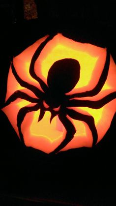 a pumpkin with a spider on it in the dark