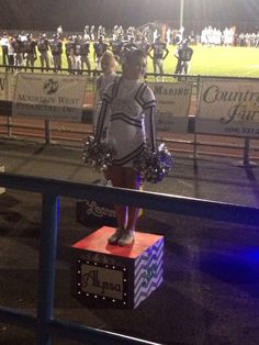 a cheerleader standing on top of a box at a football game