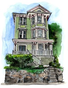 a watercolor and ink drawing of a house with steps leading up to the front door