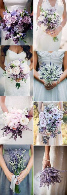 the bridesmaids are holding their bouquets with purple and white flowers on them