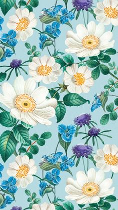 blue and white flowers with green leaves on a light blue background