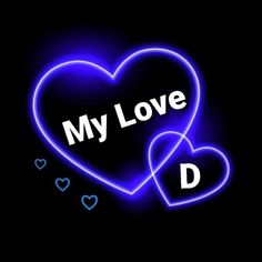 two neon hearts with the words my love d on them in blue and black background