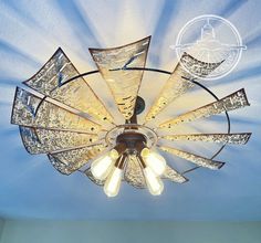 a chandelier hanging from the ceiling in a room with blue walls and ceilings