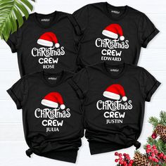 three christmas crew shirts with santa hats on them