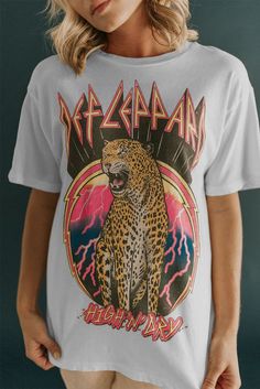 Vintage Def Leppard High 'n' Dry Graphic Tee Leopard Print Graphic Crew Neck Top, Relaxed Fit Leopard Print Graphic T-shirt, Leopard Print Top With Letter Print For Summer, Summer Leopard Print Tops With Graphic Print, Summer Leopard Print Top With Graphic Design, Leopard Print Graphic Tee For Streetwear, Def Leopard, Wholesale T Shirts, Country Girls Outfits