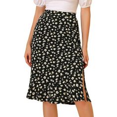 Through the summer seasons in this effortlessly chic flowy skirt. In a midi silhouette that wraps around, this skirt exudes the spring-summer feel we can't wait for. Sitting high on the waist, the light and breezy fabric trimmed with ruffles fall to a split skirt for impact and movement as you walk. Cut in a relaxed, flared shape, this skirt is designed with button closure at side flattering for showing your looming legs. Adding a beautiful floral flourish for feminine appeal, this style is a fu Split Midi Skirt, Midi Skirt Black, Flower Skirt, Split Skirt, Floral Midi Skirt, Black Midi Skirt, Flowy Skirt, Summer Skirts, Floral Ruffle