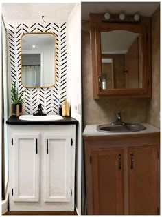 a bathroom sink sitting under a mirror next to a wooden cabinet with a mirror above it